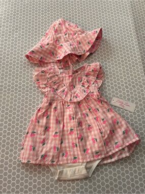 NWT Little Lass Pink Gingham Cherry Dress and Sun Hat Set. 100% Cotton Size 12M